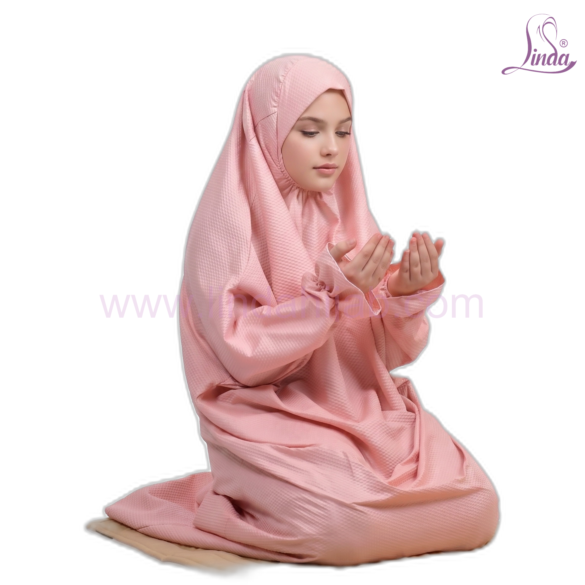 Blush pink textured girls' two-piece prayer set with khimar