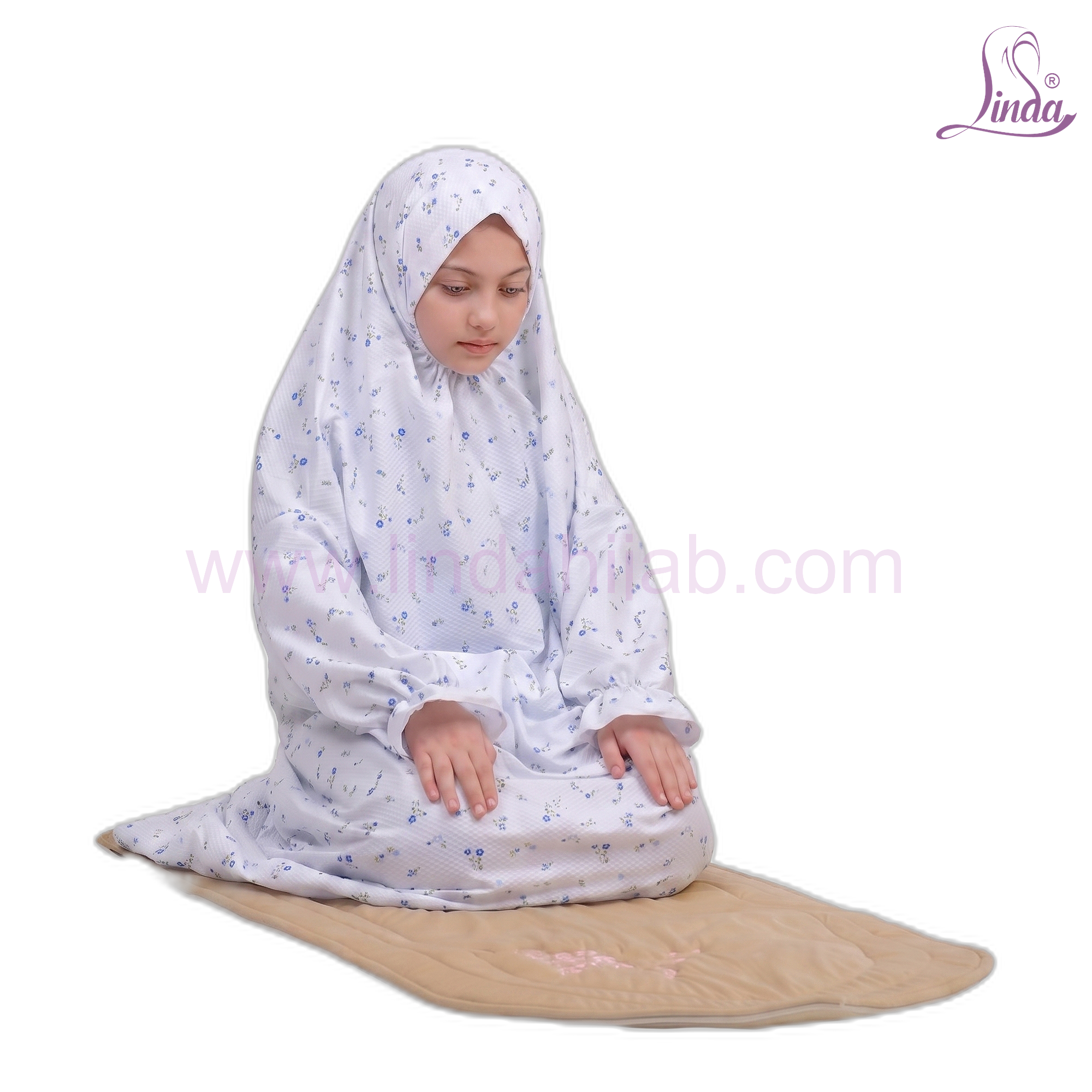 White and blue floral girls' two-piece prayer set with khimar