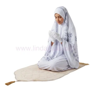 Women’s One-Piece Prayer Dress with Attached Hijab – White with Elegant Blue Embroidery