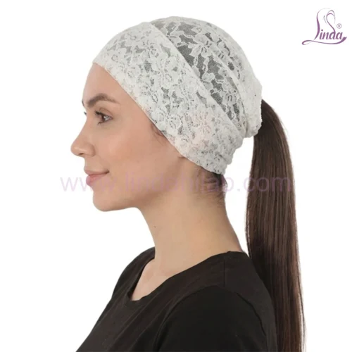 Elegant Floral Lace Headband Cap — Breathable Under Scarf with Ponytail Opening - Image 14
