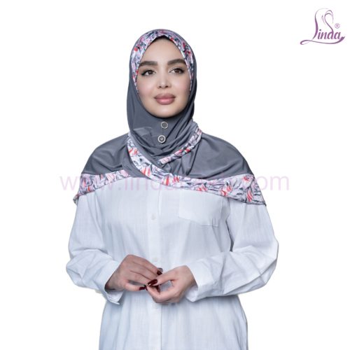 Grey Floral-Trim Button-Front Hijab - Image 1