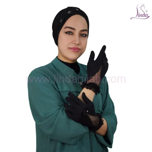 Elegant Black Wrist-Length Gloves with Rhinestone & Mesh Detail - Image 2