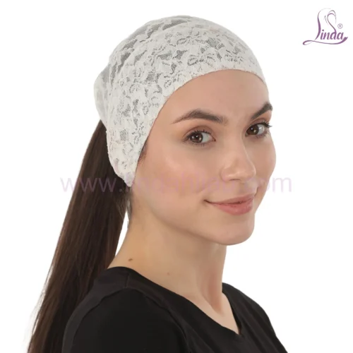 Elegant Floral Lace Headband Cap — Breathable Under Scarf with Ponytail Opening - Image 10