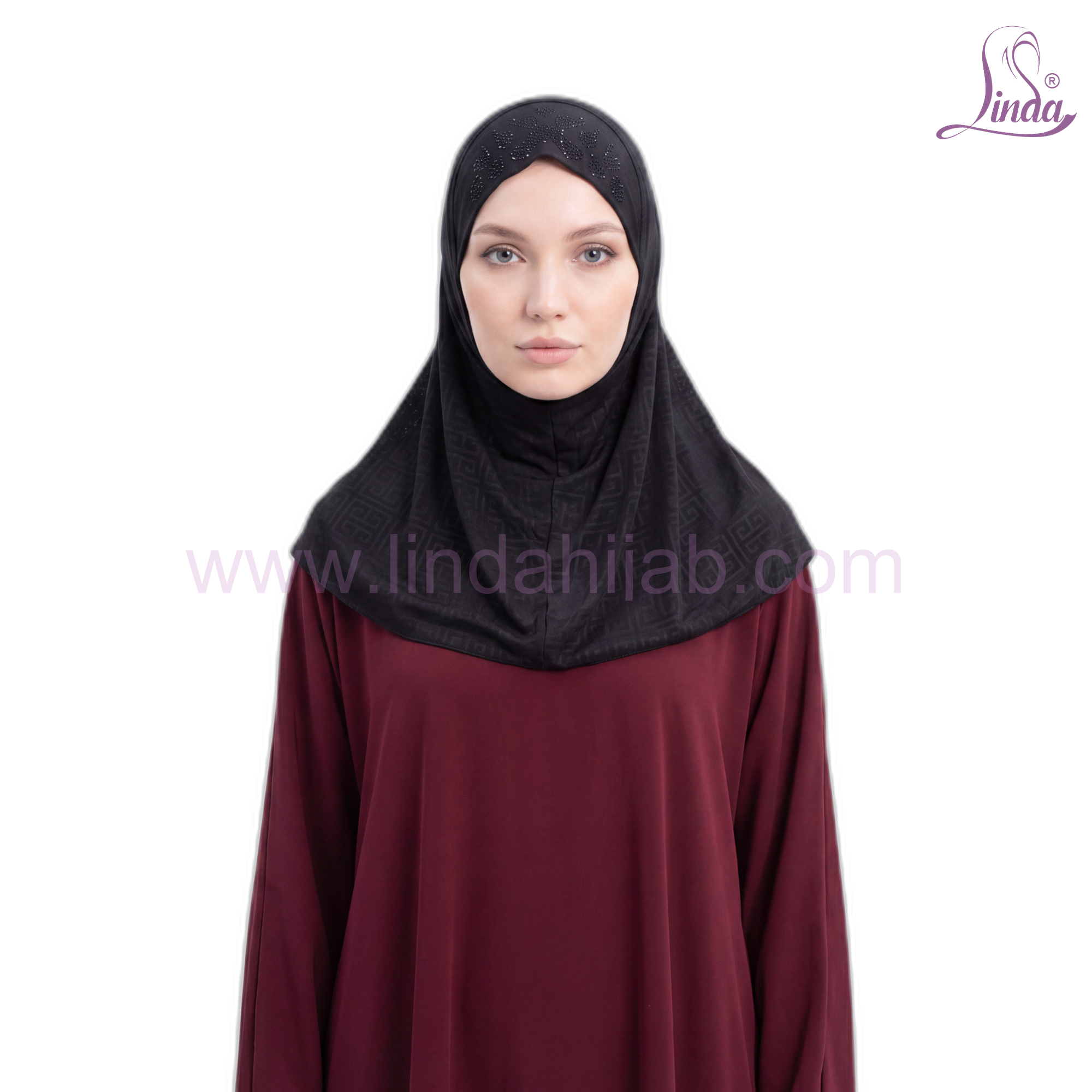 Black jacquard jersey instant hijab with rhinestones by Linda Hijab