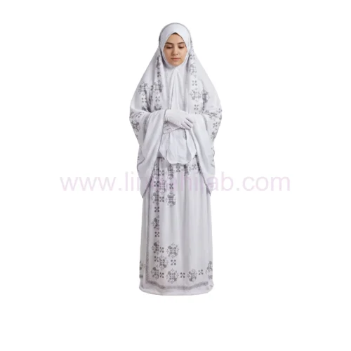 Women’s One-Piece Prayer Dress with Attached Hijab – White with Elegant Blue Embroidery - Image 3