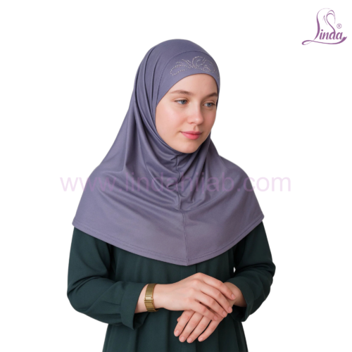 Linda Women’s Instant Khimar Bergo Hijab with Rhinestone Embellishment – Slate Lavender Grey - Image 3