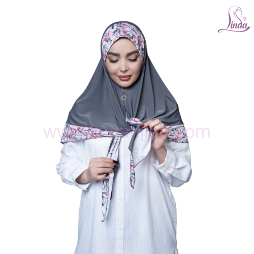 Grey Floral-Trim Button-Front Hijab - Image 3