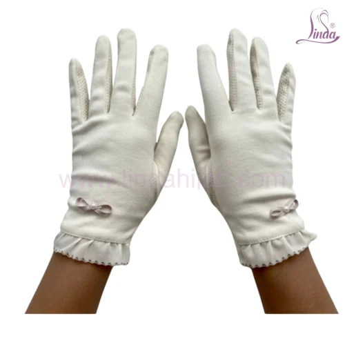 Classic Ivory Cotton Gloves with Ruffle Cuff and Bow Detail - Image 5