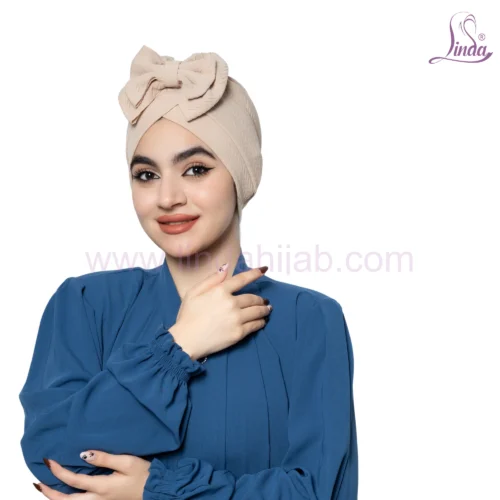 Beige Bow Accent Turban – Soft Texture & Playful Elegance - Image 2