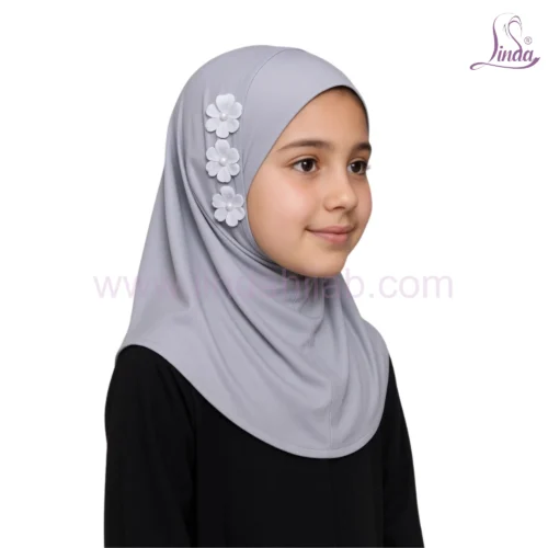 Minimalist Grey Hijab with Floral Decoration - Image 3