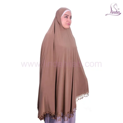 LADIES RAYON ONE PC HIJAB WITH LACE TRIM AND TASSEL DETAILING IN MOCHA - Image 2