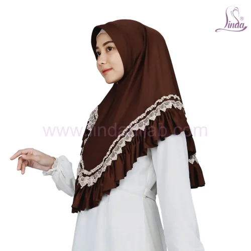 Dark Brown Lace and Ruffle Hijab – Stylish Party Scarf - Image 2