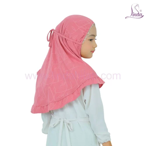 Pink Leaf Pattern Hijab for Kids – Soft, Stylish & Comfortable Wear - Image 3