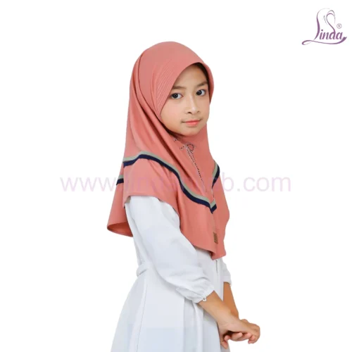 Charming Coral Pink Striped Hijab for Kids – Soft & Stylish - Image 2