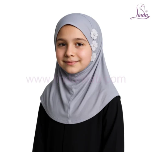 Minimalist Grey Hijab with Floral Decoration - Image 4