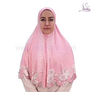 LADIES RAYON ONE PC HIJAB WITH FLORAL PRINT AND SCALLOPED EDGE IN PINK