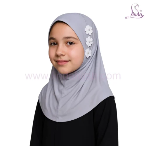 Minimalist Grey Hijab with Floral Decoration - Image 1