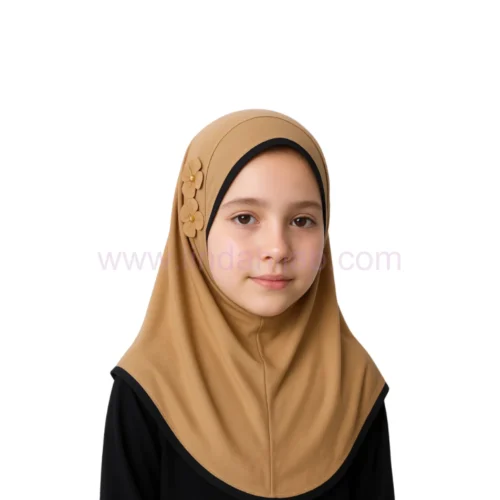 Classic Camel Hijab for Kids with Decorative Flower Accents - Image 2