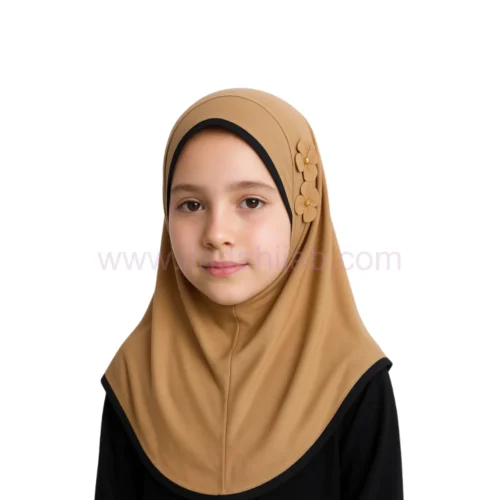 Classic Camel Hijab for Kids with Decorative Flower Accents - Image 3
