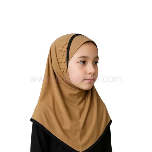 Classic Camel Hijab for Kids with Decorative Flower Accents - Image 4