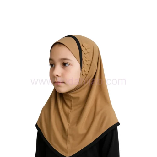 Classic Camel Hijab for Kids with Decorative Flower Accents - Image 5