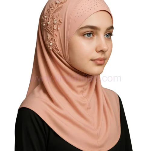 Elegant Peach Hijab with Pearl & Lace Floral Embellishment - Image 2