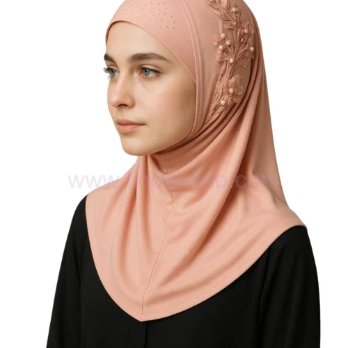 Elegant Peach Hijab with Pearl & Lace Floral Embellishment - Image 3