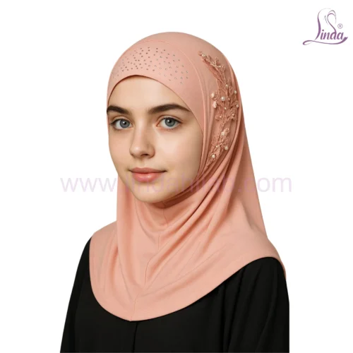 Elegant Peach Hijab with Pearl & Lace Floral Embellishment - Image 1
