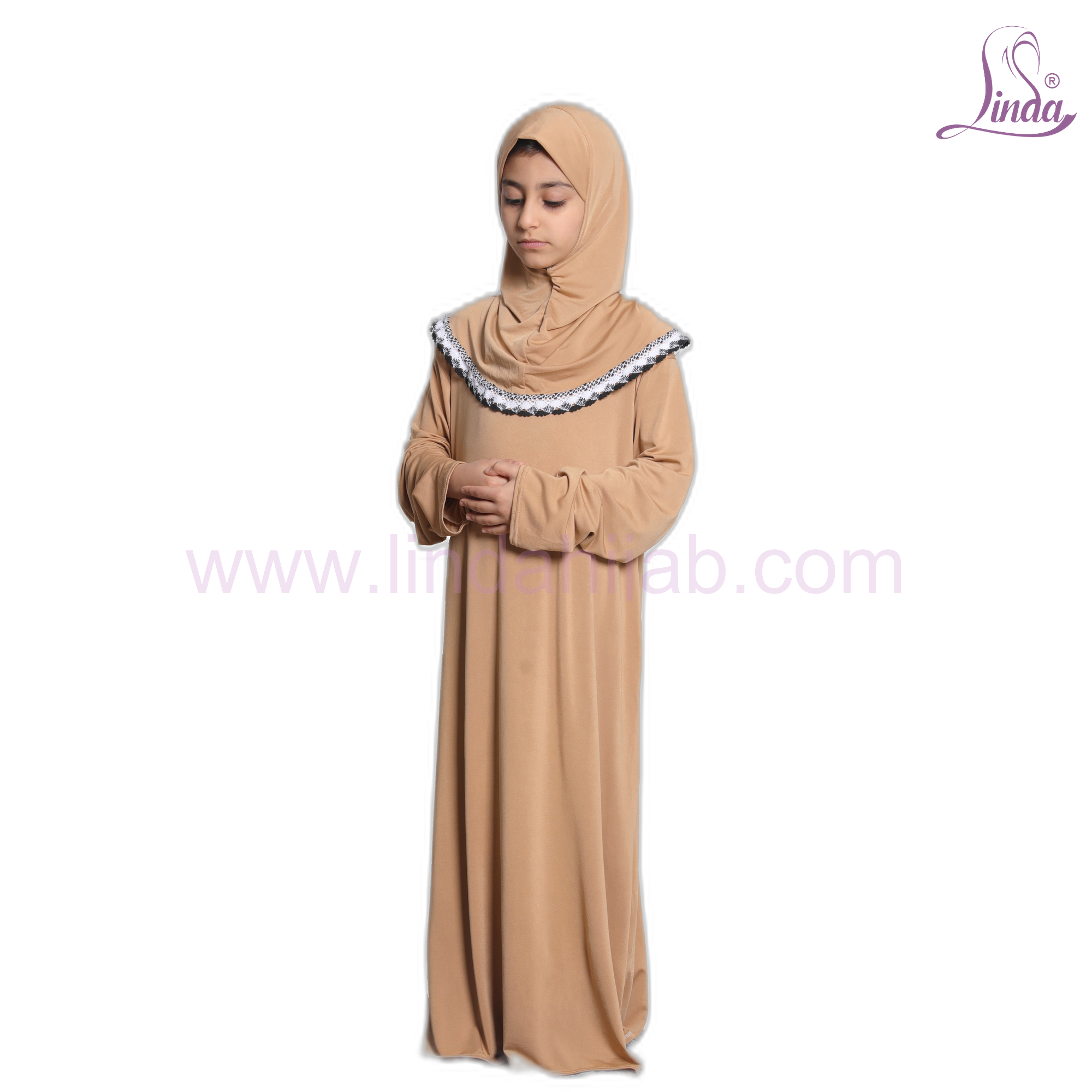 Camel beige girls' one-piece prayer dress with attached hijab