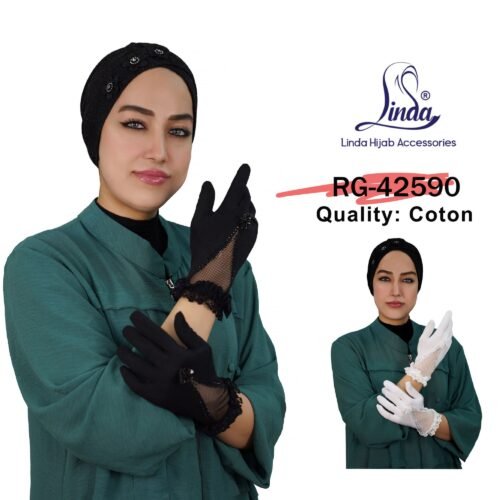 Elegant Black Wrist-Length Gloves with Rhinestone & Mesh Detail - Image 3