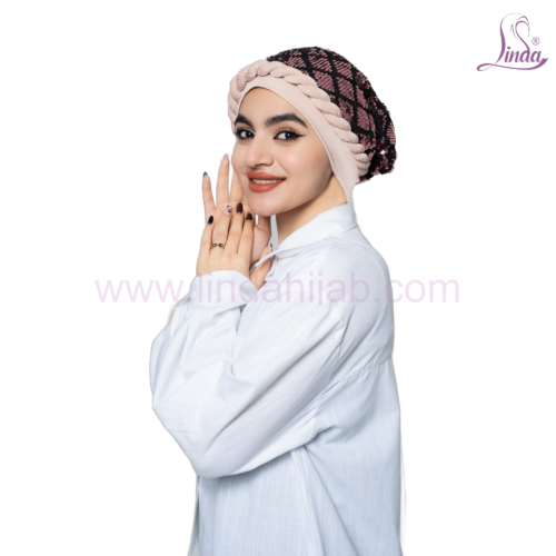 Linda Sequin Turban with Braided Trim – Rose & Black Sparkle Statement Turban for Women - Image 3
