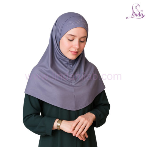 Linda Women’s Instant Khimar Bergo Hijab with Rhinestone Embellishment – Slate Lavender Grey - Image 2