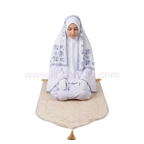 Women’s One-Piece Prayer Dress with Attached Hijab – White with Elegant Blue Embroidery - Image 2