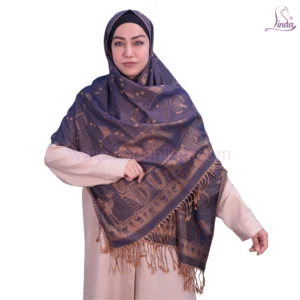 Navy Blue and Gold Camel Motif Jacquard Shawl – Elegant