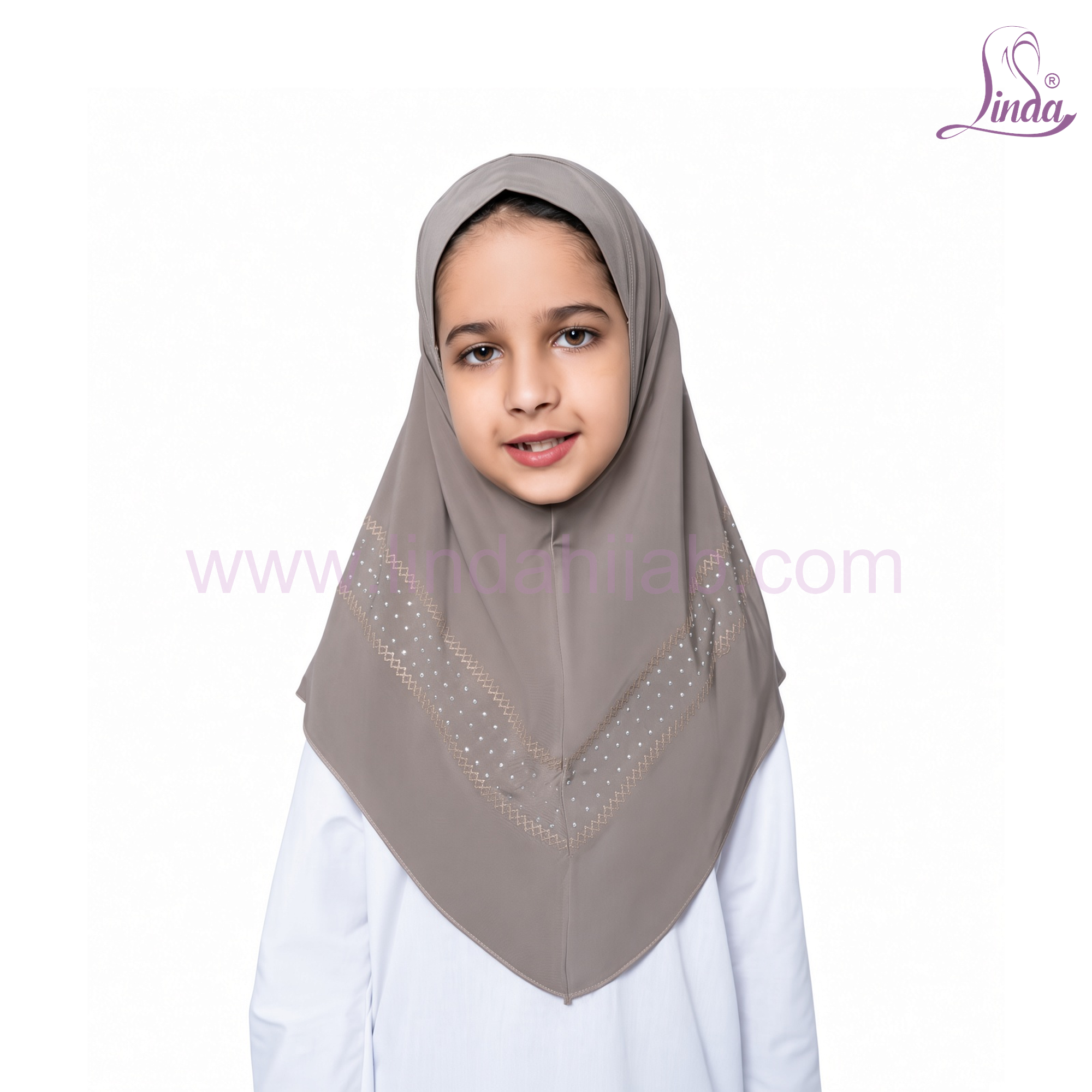 Kids One Piece Hijab – Rayon Amira Slip-On with Embroidered Rhinestone Trim, Taupe Grey, Size S