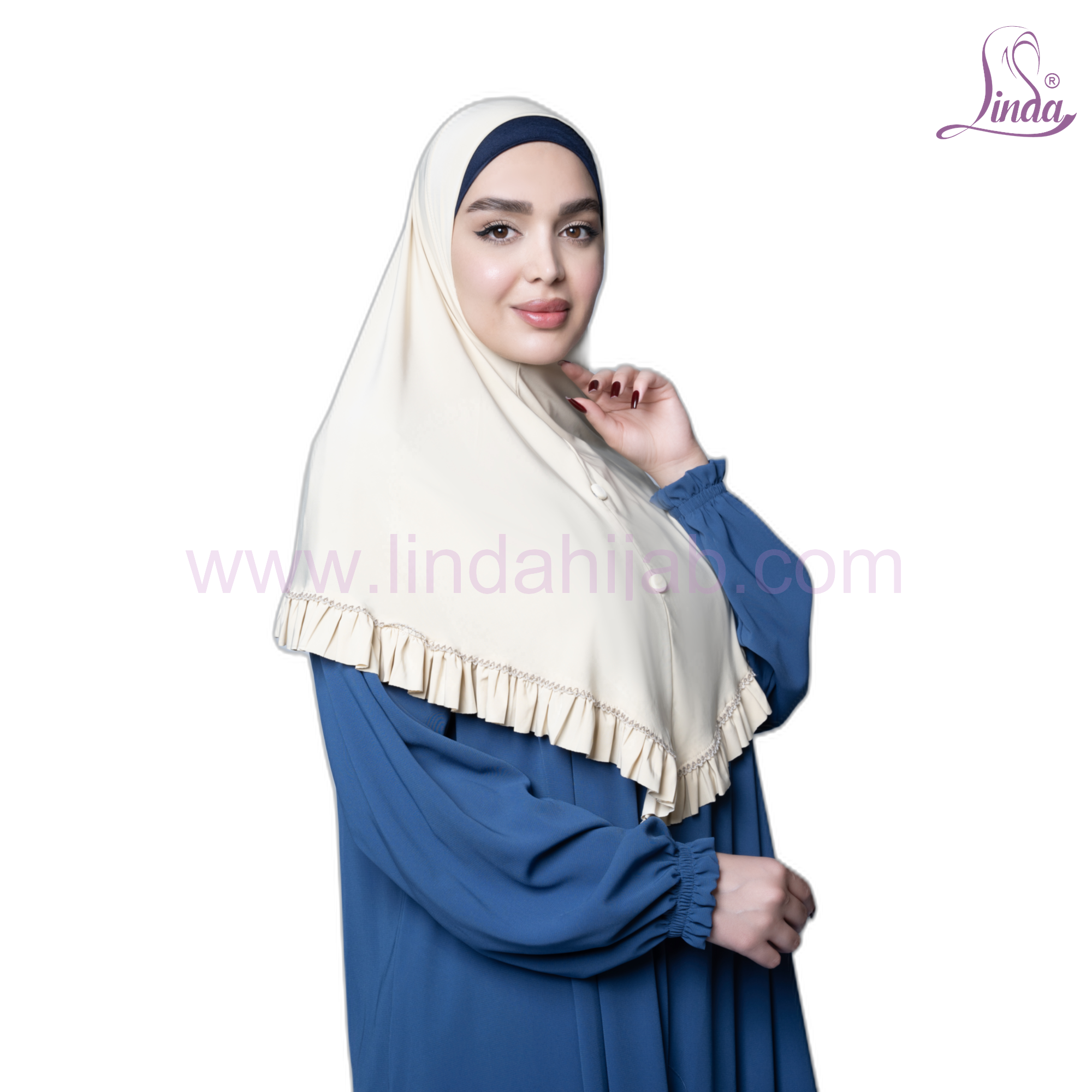 Ivory cream jersey slip-on khimar hijab with beaded ruffle hem