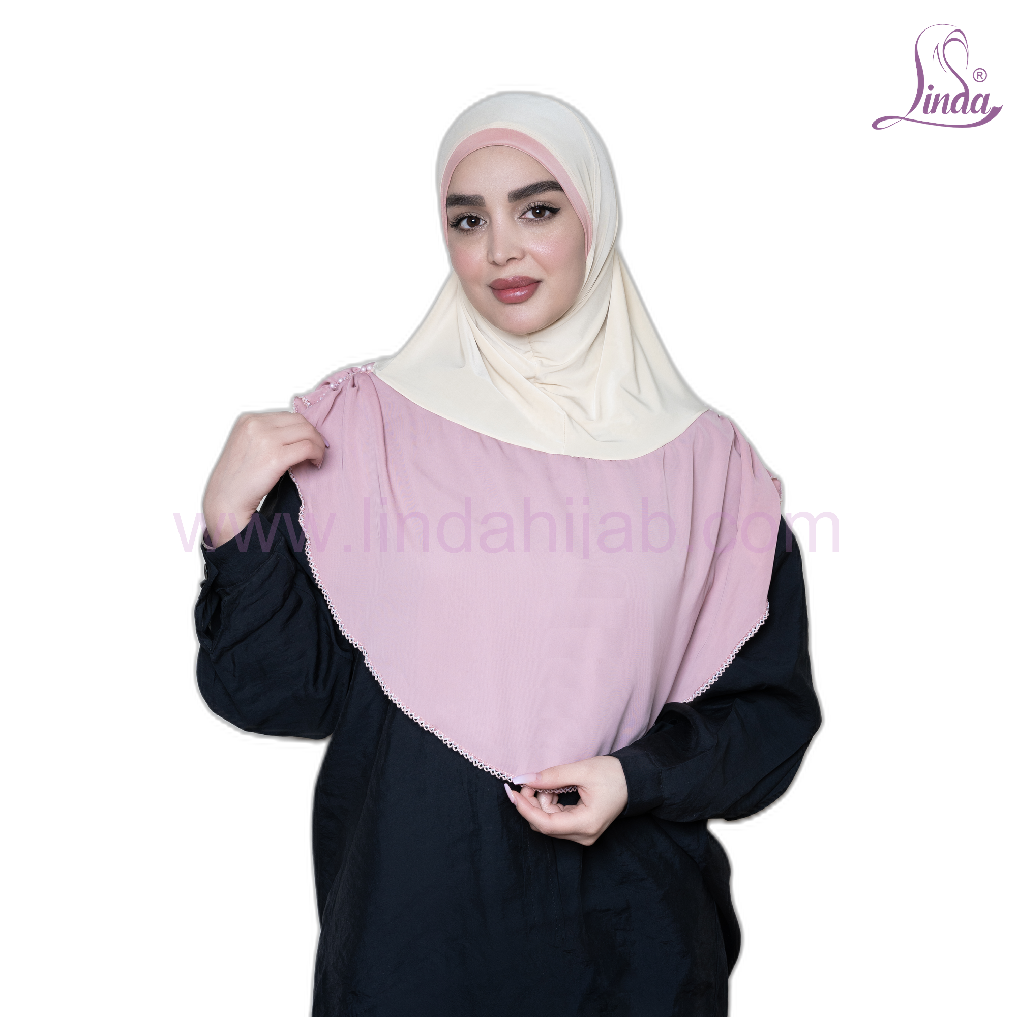 Blush pink and cream chiffon instant khimar hijab with lace trim