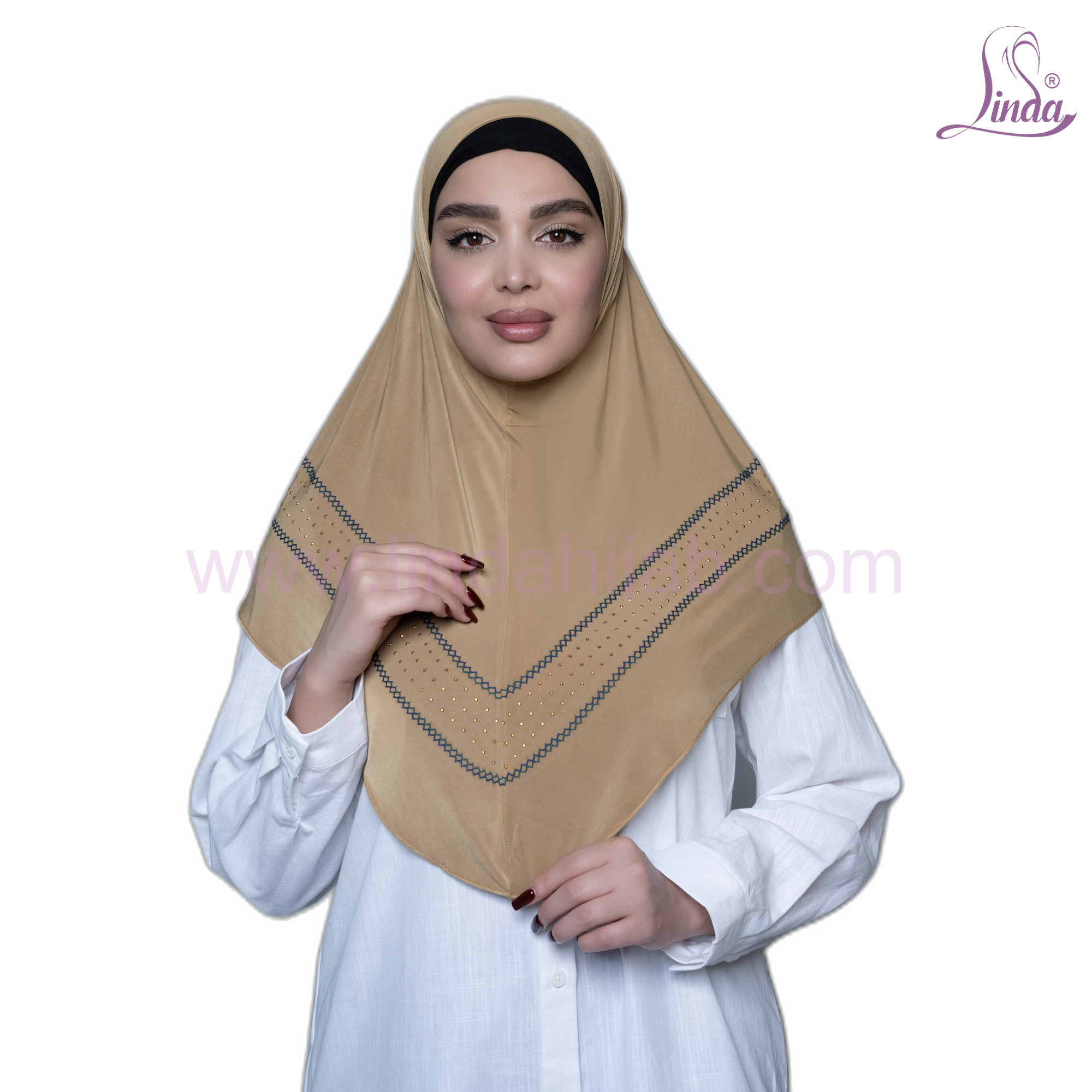 Camel beige jersey instant hijab with embroidered chevron border