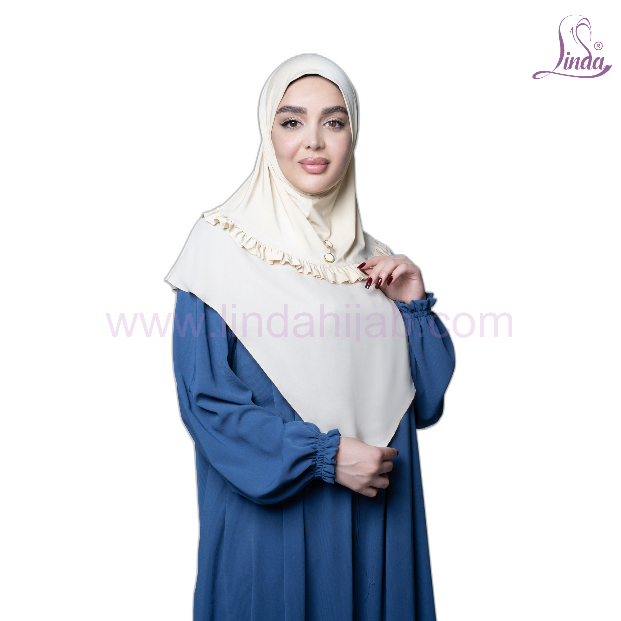 Cream ivory instant khimar hijab with ruffle trim and gold buttons