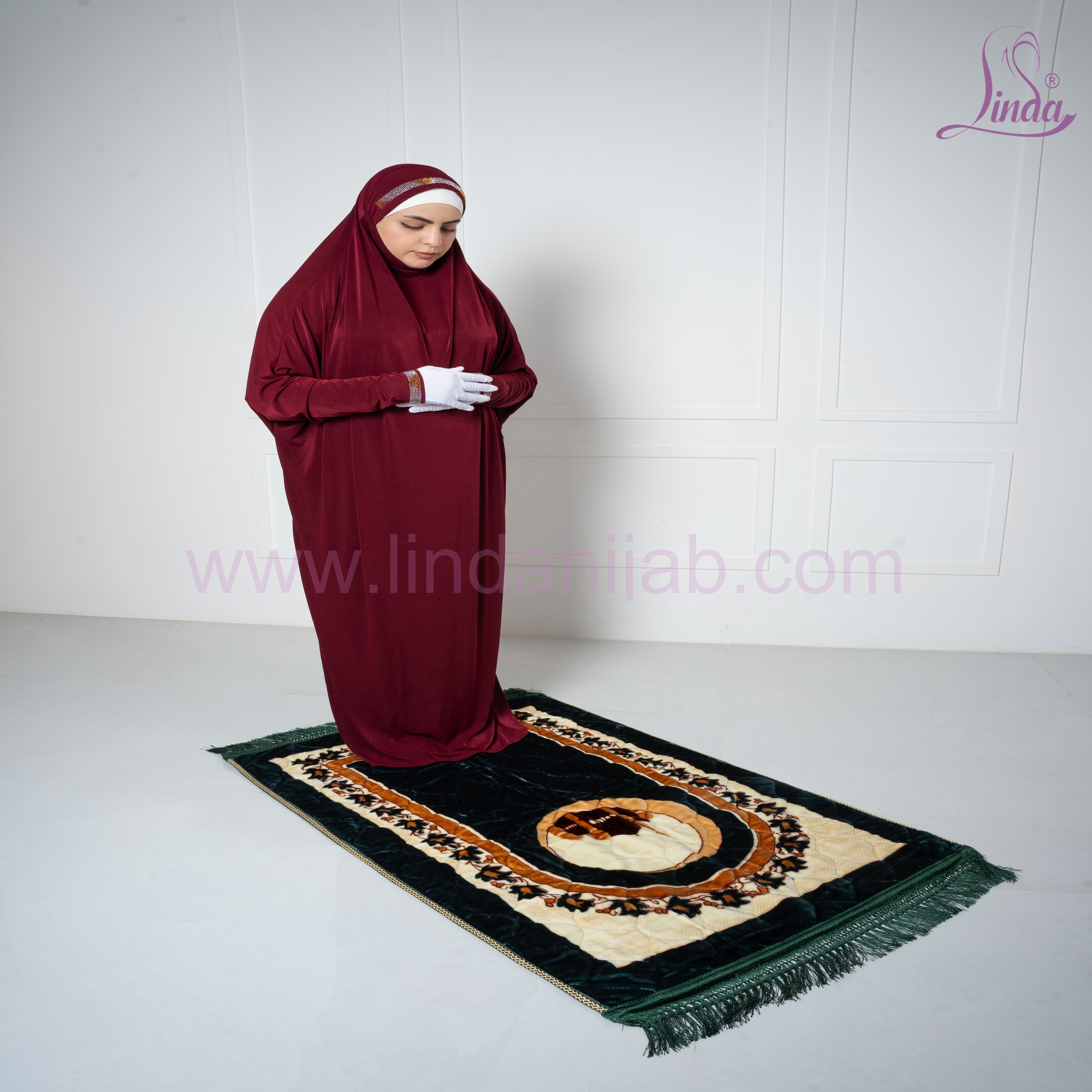 Linda Burgundy One-Piece Prayer Dress with Matching Prayer Mat Set | Women's Instant Khimar