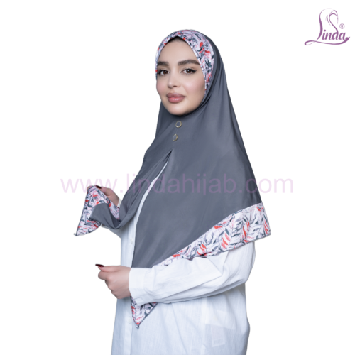 Grey Floral-Trim Button-Front Hijab - Image 5