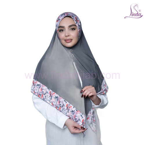 Grey Floral-Trim Button-Front Hijab - Image 2