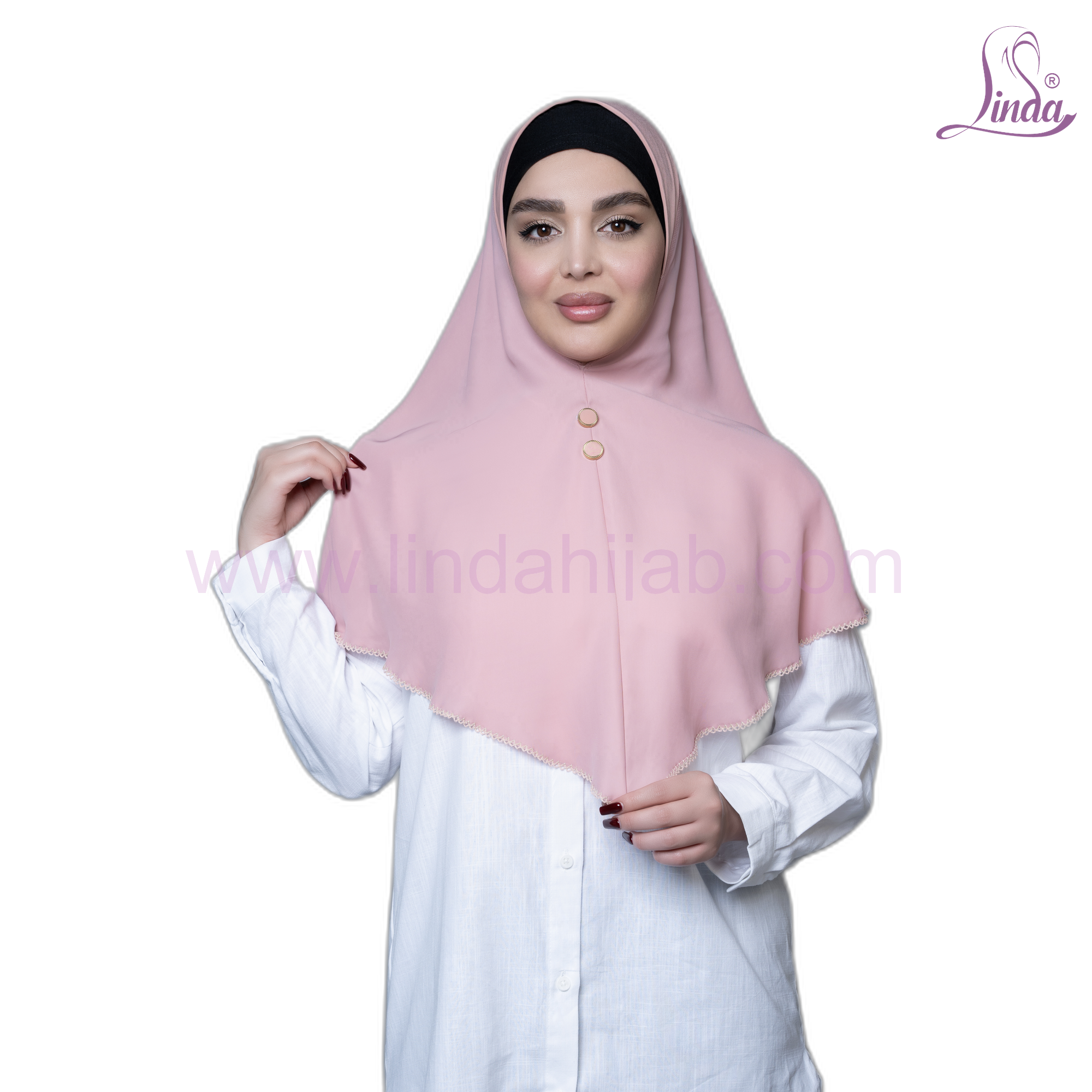 Blush pink chiffon instant slip-on hijab with scalloped lace edging