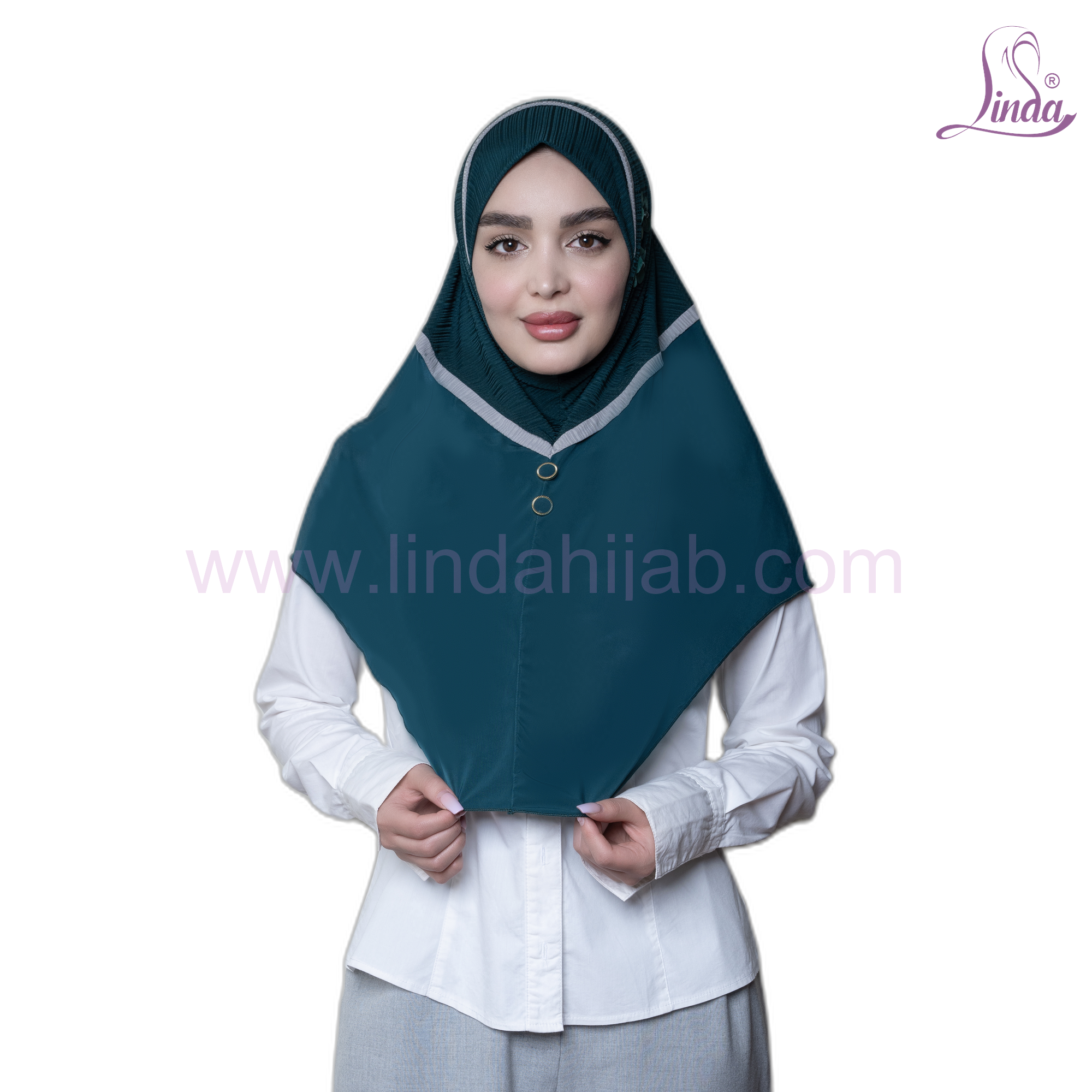 Teal green crinkle and satin instant hijab with silver piping detail