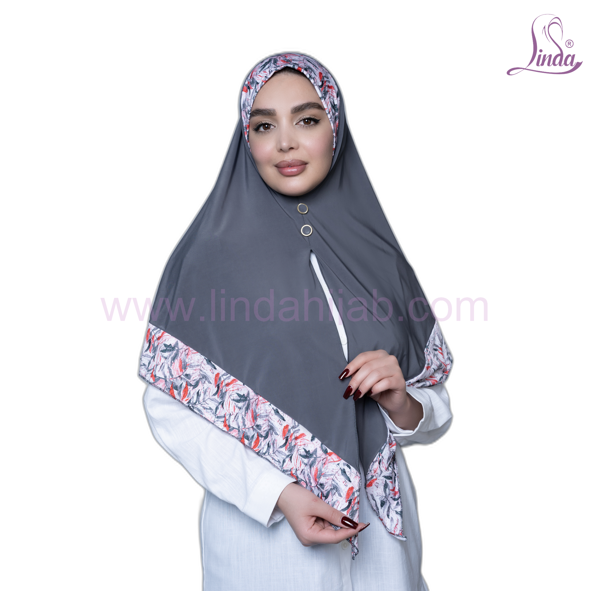 Charcoal grey soft jersey instant hijab with coral leaf print border
