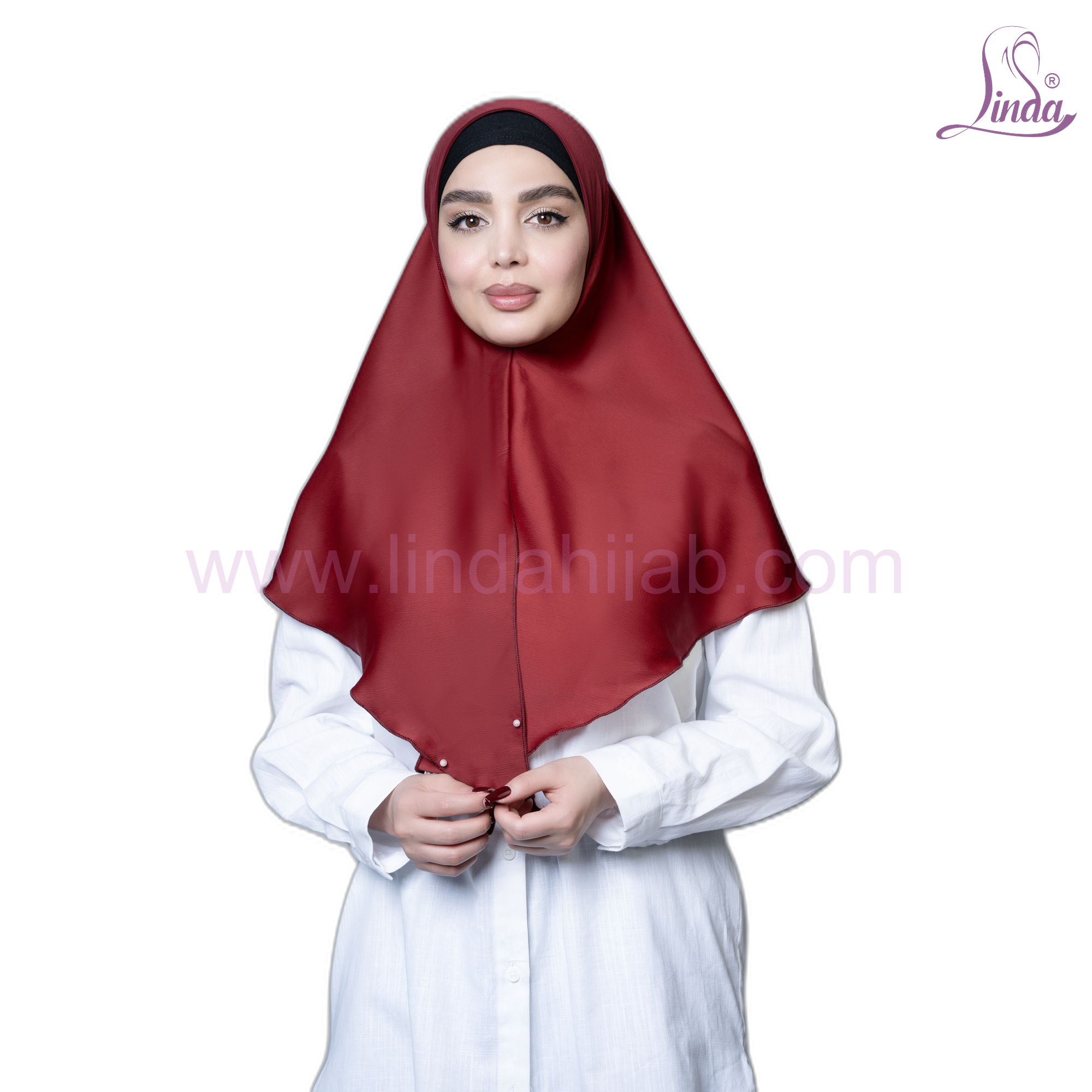 Deep burgundy satin instant hijab with pearl-look stud edging