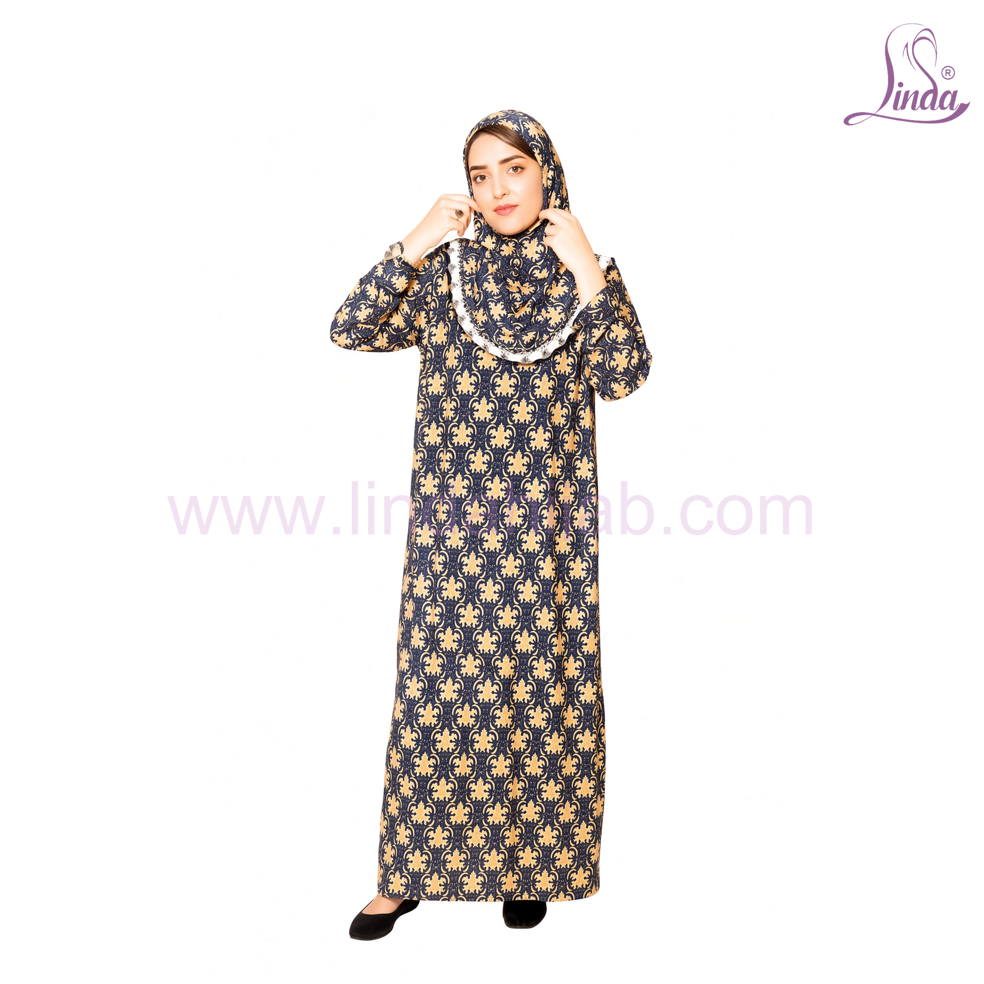 Women's One Piece Prayer Dress – Full Length Instant Abaya with Attached Hijab, Navy & Gold Damask Print