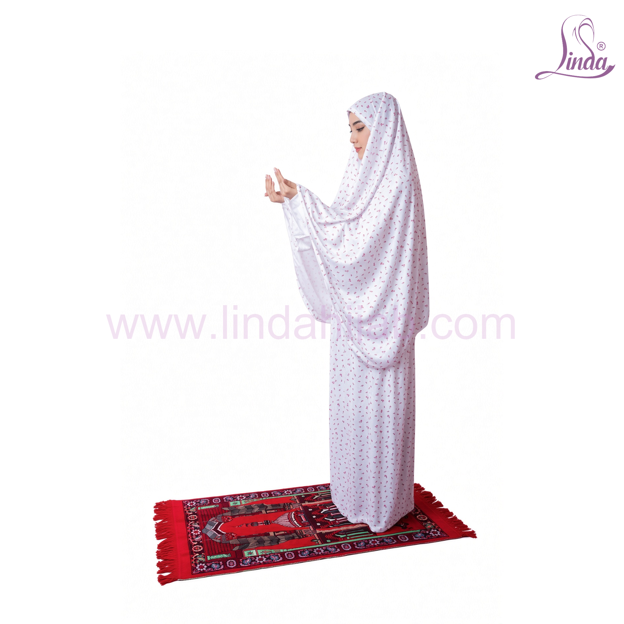 Women's Two Piece Prayer Set – Long Khimar & Matching Skirt, White with Pink Floral Print