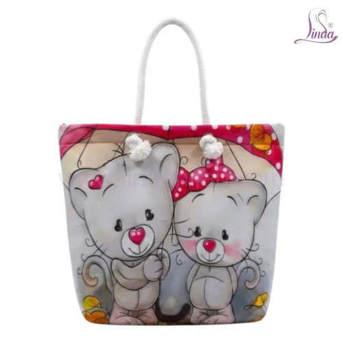 Cute Mouse Couple Tote Bag | Love Heart Canvas Beach Bag for Women - Image 1