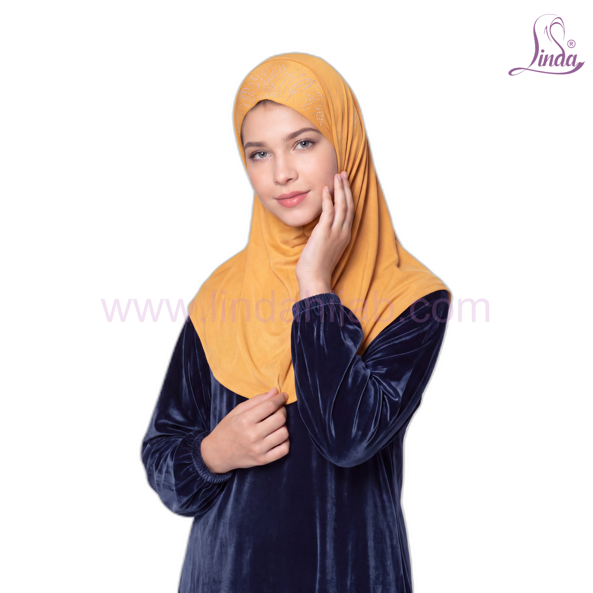 Kids Instant Hijab Mustard – Girls Rhinestone Rayon Slip-On Amira Hijab | Size S